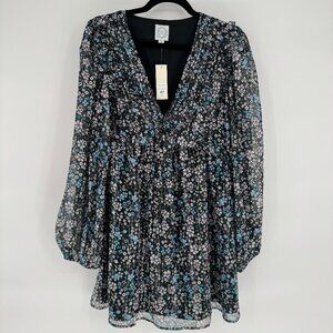 Floral Long Sleeve Mini Dress Blue Rain Francesca’s NWT Black Blue Lurex M